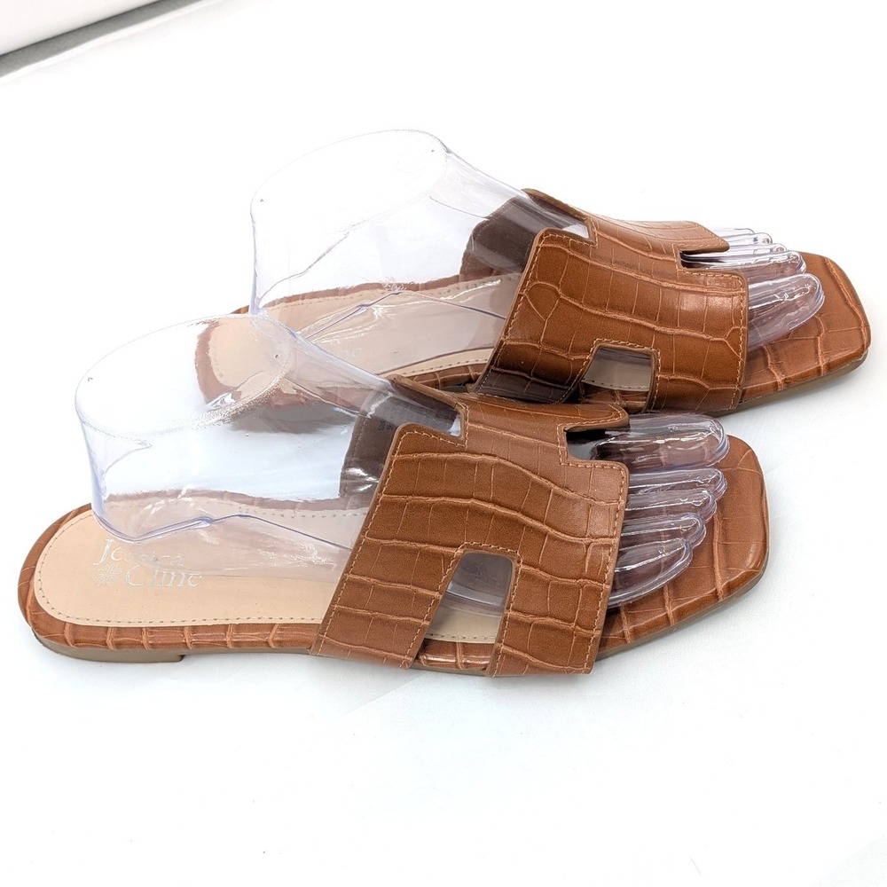 Jessica Cline Croc Embossed‎ Slide Sandals Brown Minimalist Resort Size 10